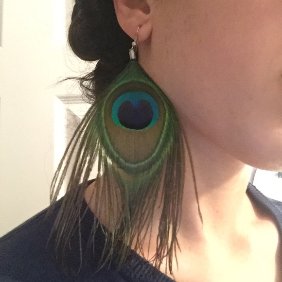 Genuine Peacock Feather Earrings - Picture 3 of 3